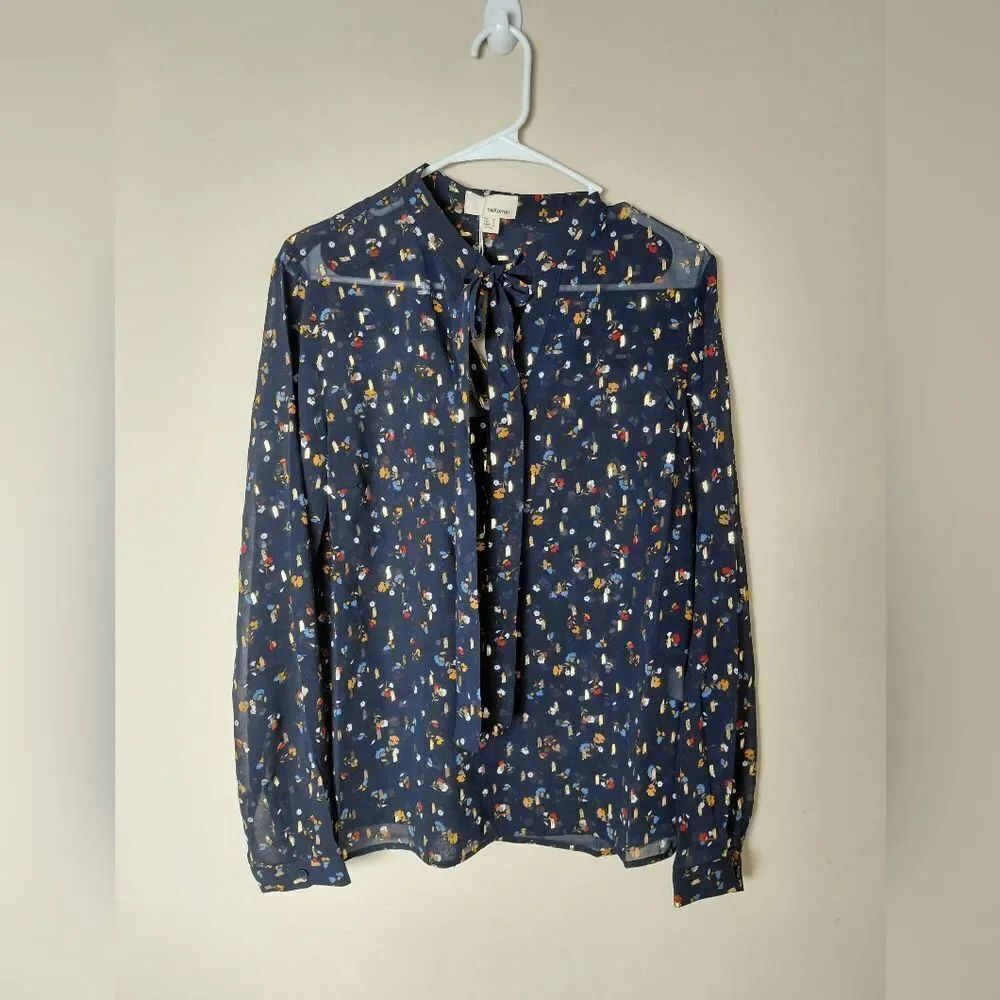 THE KORNER Long Sleeve Sheer Blouse TIE AT NECK BUTTON Gold Metallic Detail